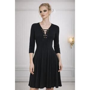 🖤 Nasty Gal Lace-Up V-Neck Flared Dress | Effortless Black Chic | UK 10